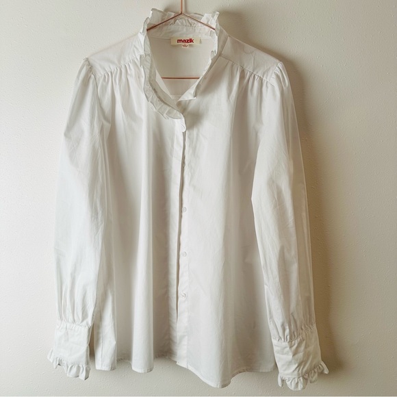 New Mazik Elegant Blouse Button down Shirt Trim Lantern Sleeve Poplin - Picture 6 of 11